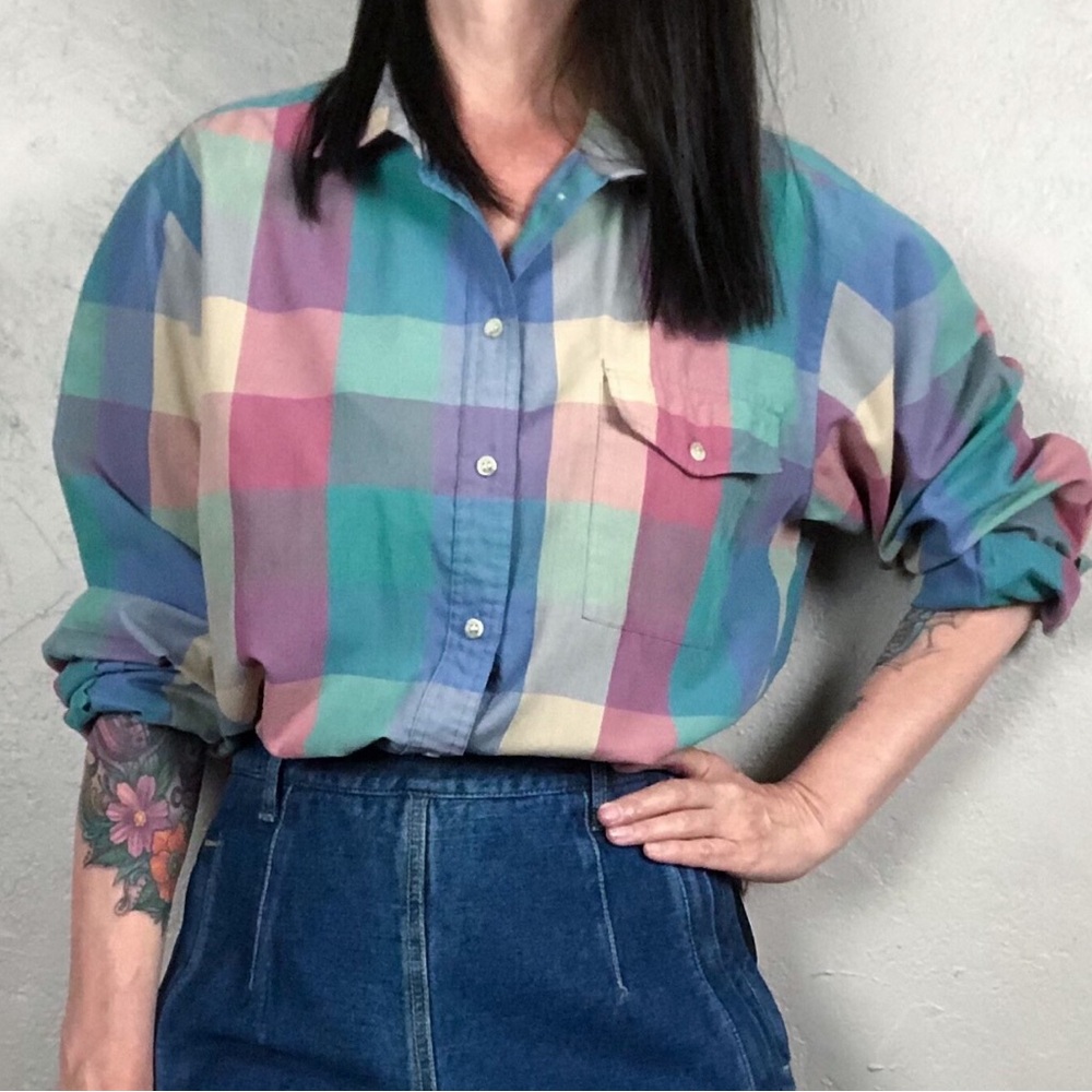 Vintage Liz Claiborne Madras Pastel Plaid Blouse, Size 14